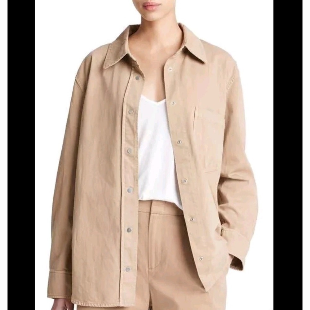 New $425 L VINCE Cotton Twill Jacket Oversized Shirt Top Tan Cocoon NWT Shacket